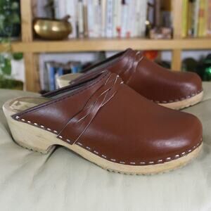 Vintage Skane Toffeln Swedish Brown Leather Wooden Clogs 39 - Cottagecore